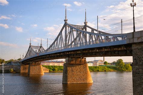 Beautiful bridge in Tver, Russia. The old Volga bridge across the Volga ...