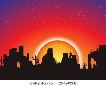 Sunset Desert Vector Illustration Silhouette Landscape Stock Vector ...