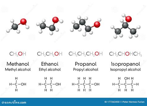 methanol, ethanol, propanol and isopropanol, molecular models and ...