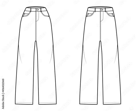 Set of Baggy Jeans Denim pants technical fashion illustration with full length, normal low waist ...