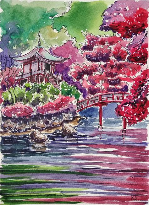 Japanese Garden Painting Original Art Watercolor Fall Kyoto | Etsy