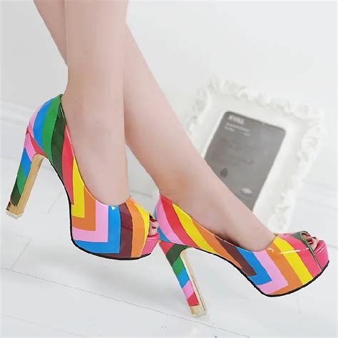 Women Leather rainbow colorful High Heel Shoes multi color pumps rivets Sandals high heels pumps ...