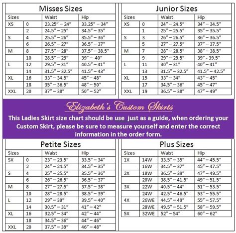 Ladies Skirt size chart – Elizabeth's Custom Skirts