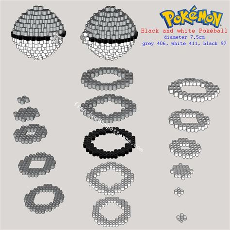 Black and white Pokemon Pokeball 3D perler beads pattern tutorial - free perler beads patterns ...