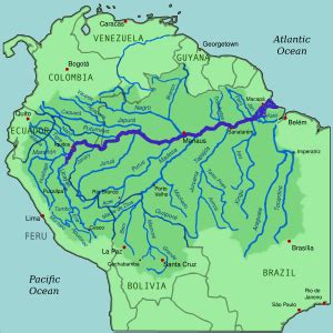 a map with rivers and major cities in latin america, including the amazon river system