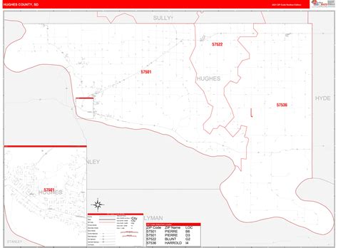 Hughes County, SD Zip Code Wall Map Red Line Style by MarketMAPS - MapSales