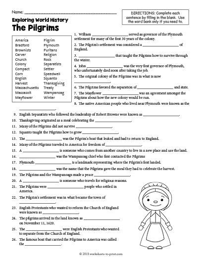 Free Printable The Pilgrims History Worksheet Map Skills Worksheets ...