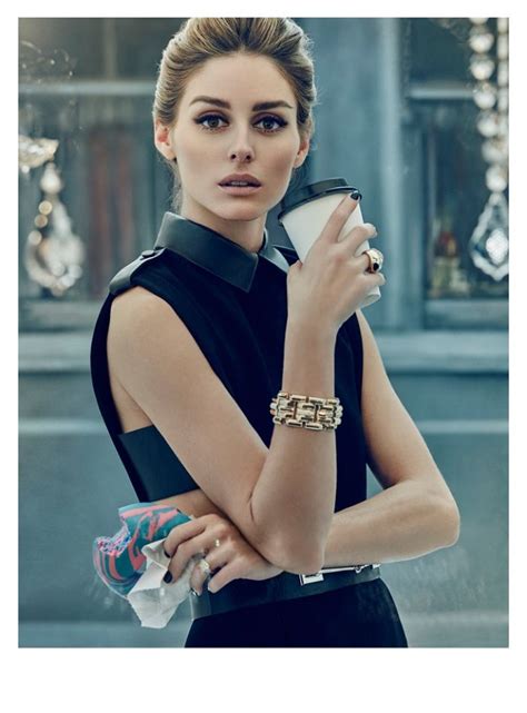 Holding a coffee cup and bagel, Olivia Palermo wears a black dress for 57 Magazine issue Estilo ...