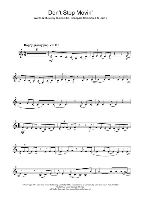 Don't Stop Movin' by S Club 7 Sheet Music for Clarinet Solo at Sheet Music Direct