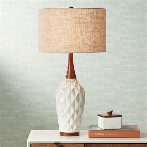 360 Lighting Mid Century Modern Table Lamp 30" Tall White Geometric Ceramic Wood Tan Fabric Drum ...