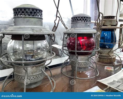 Line Up of Collectible Railroad Switch Lanterns with White, Red, and Blue Glass Stock Photo ...