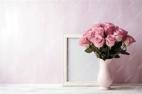 Premium AI Image | Empty Pink Frame With Red Roses In Vase Generative AI