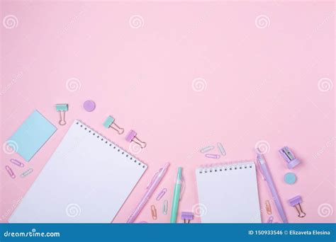 School Background with Notebooks and Pastel Colorful Study Accessories on Pink Background Back ...