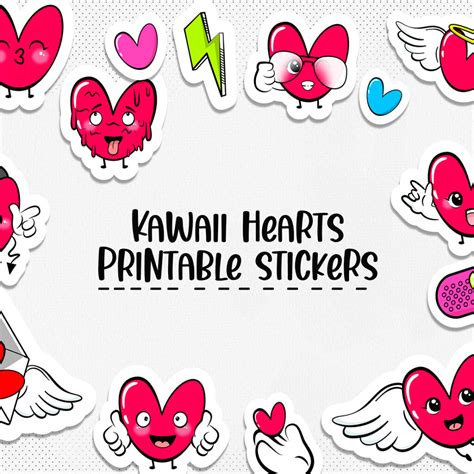 Cute Hearts Kawaii printable stickers. - MasterBundles