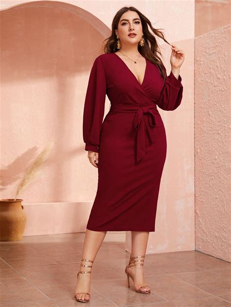 Plus Plunging Neck Wrap Belted Pencil Dress | SHEIN USA | Pencil dress ...