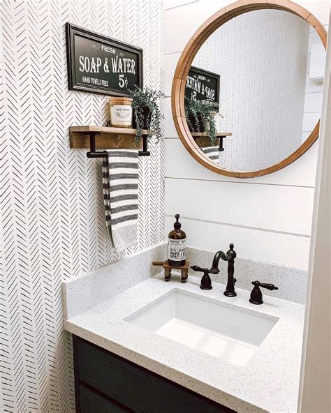 Farmhouse Bathroom With Patterned Wallpaper - Soul & Lane