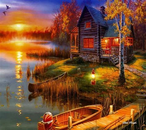 Cabin on the Lake ~ Thomas Kinkade … | ภาพวาด, ศิลปะ, คริสต์มาส