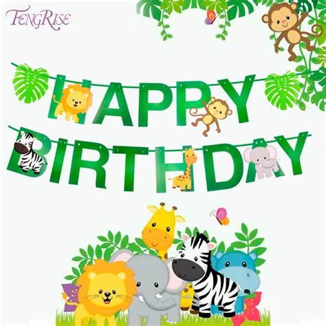 FENGRISE 1 Set Happy Birthday Banner Cartoon Animal Paper Banner Jungle Party Decoration Safari ...