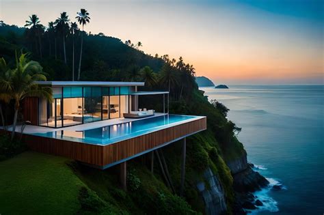 Premium Photo | A house on a cliff overlooking the ocean with a view of the ocean.