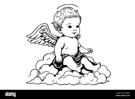 Hand drawn engraving sketch of cute little angel sits on a cloud ...