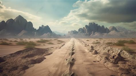 The Desert Road In Front Of Dramatic Mountains Background, 3d Illustration Of Floating Desert ...