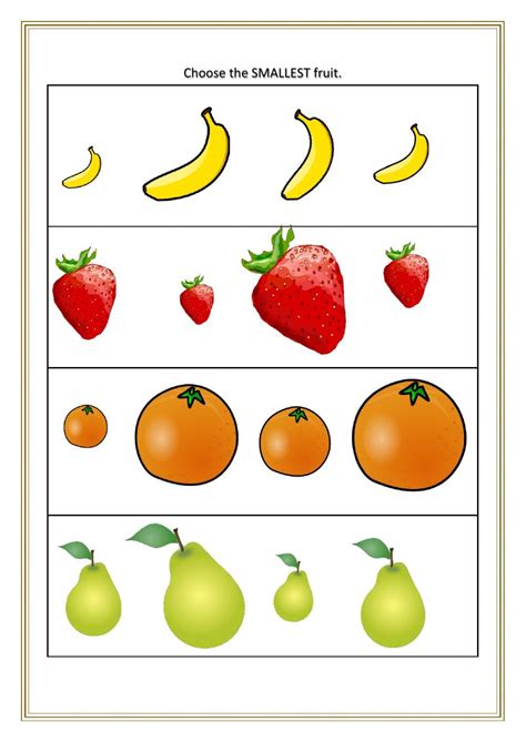 Choose the smallest fruit worksheet | Worksheets, Kindergarten math worksheets, Fruit