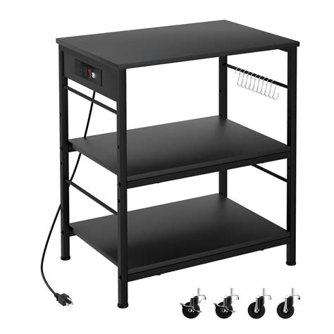 Bakers Rack with Power Outlet Microwave Shelf Stand Black Coffee Bar Table Cart 3 Tier Kitchen ...