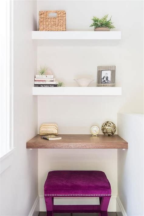 Cute little corner becomes a nook with a floating wood desk and two stacked floating shelves ...