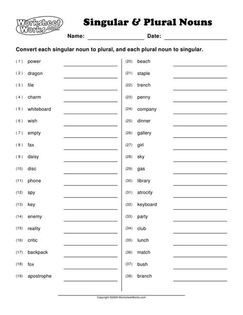 Singular & Plural NounsA Name: Date:Convert each singular noun ... | Nouns worksheet, Plural ...