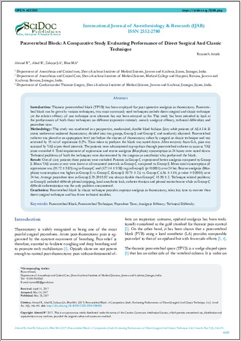 (PDF) Paravertebral Block: A Comparative Study Evaluating Performance of Direct Surgical And ...