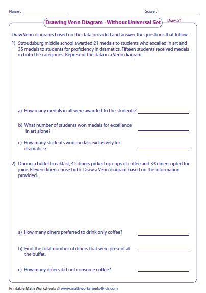 Venn Diagram Word Problems Worksheets: Two Sets