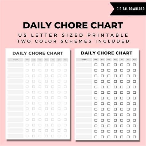 two printable daily chore chart with the text, daily chore chart us letter sized printable two ...