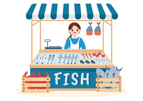 Fish Store to Market Various Fresh and Hygienic Products Seafood in Flat Cartoon Hand Drawn ...