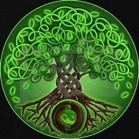 This circular Celtic Tree of Life features a knotwork of branches above a knotwork trunk and ...