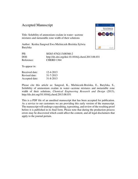 (PDF) Solubility of ammonium oxalate in water–acetone mixtures and metastable zone width of ...