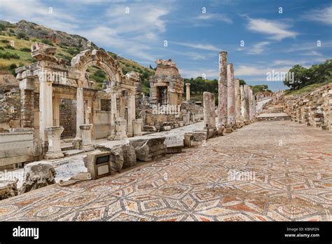 Roman floor mosaics and Temple of Hadrian in Ephesus, Turkey Stock ...