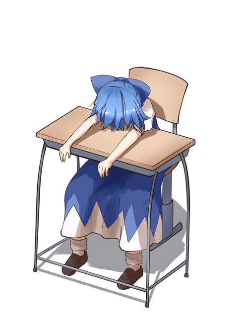 Safebooru - 1girl blue dress blue hair bow brown footwear cirno commentary request desk dress ...