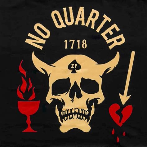 a black shirt with a skull and flames on the front that says no quartered