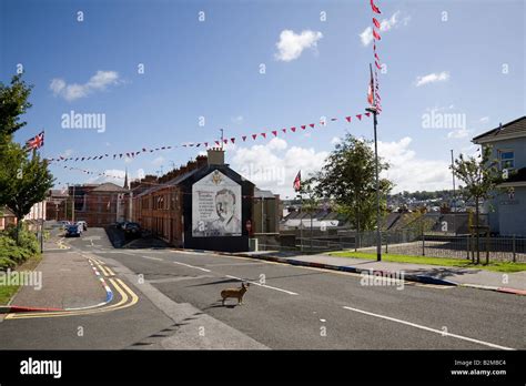 Unionist flags and murals in The Fountain district of Londonderry, County Derry, Northern ...