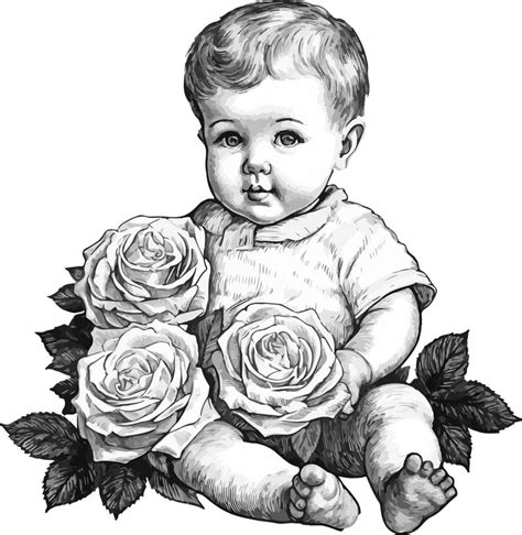 Premium Vector | Cute baby with flowers vintage style drawing