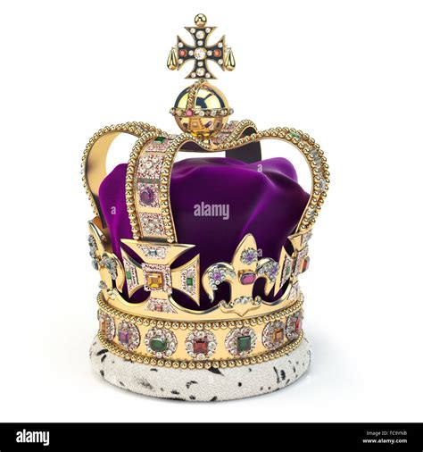 Golden crown with jewels isolated on white. English royal symbol of UK monarchy. 3d illustration ...