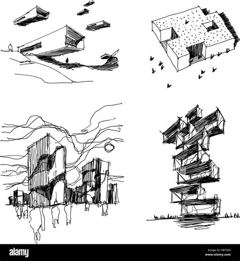 four hand drawn architectectural sketches of modern abstract ...