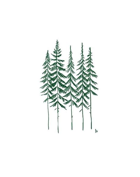 Five Evergreen Trees GREEN+WHITE, Nature Line Drawing, Holiday Forest, Printable Digital ...