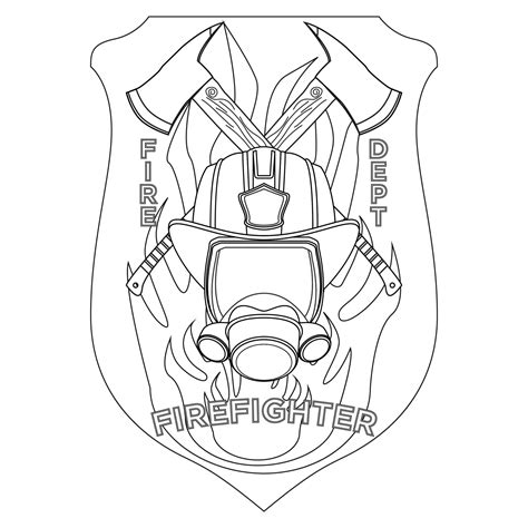 Firefighter insignia coloring page. Firefighter mask, helmet and axes behind on shield badge ...