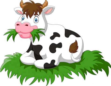 Premium Vector | Cartoon cow sit eating grass