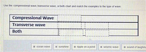 Use the compressional wave, transverse wave, or both chart and match the examples to the t [Physics]