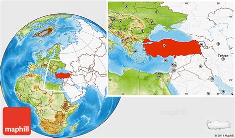 Physical Location Map of Turkey, highlighted continent