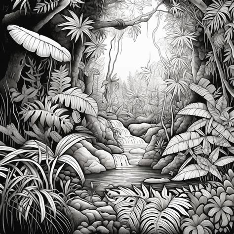 Premium Photo | A drawing of a jungle scene with a waterfall and trees ...