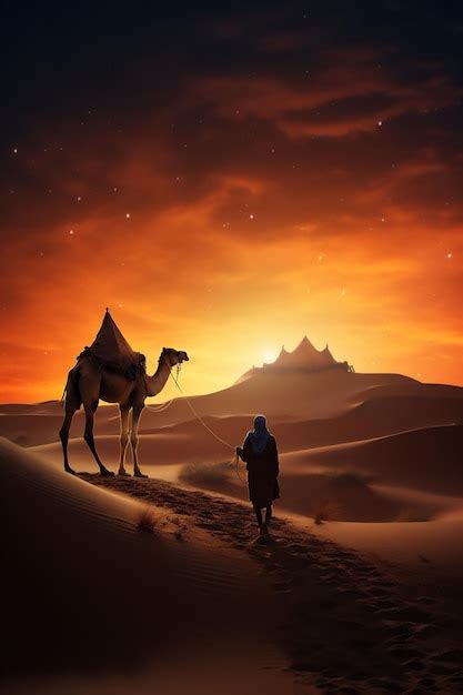 Camels in the arabian desert in sunset create using generative AI tools | Premium AI-generated image