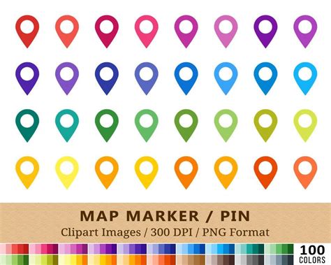 100 Map Location Markers Clipart, Map Pin Clip Art, Rainbow Colors ...